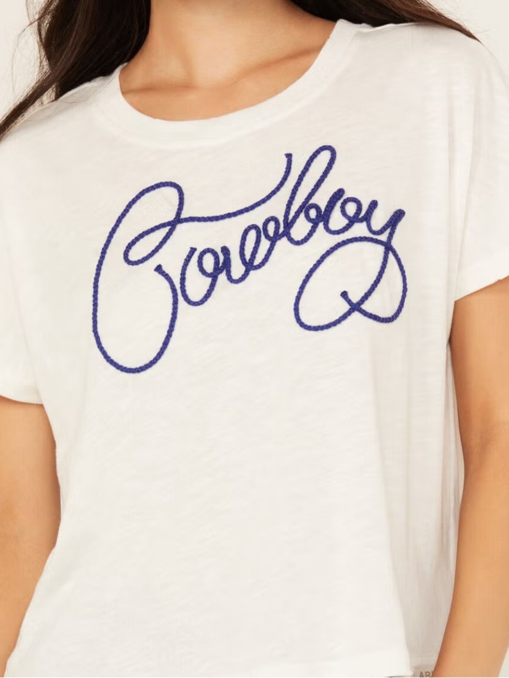 Ariat White Short Sleeve Tee with Navy 'Cowboy' Embroidery- Boxy Crop